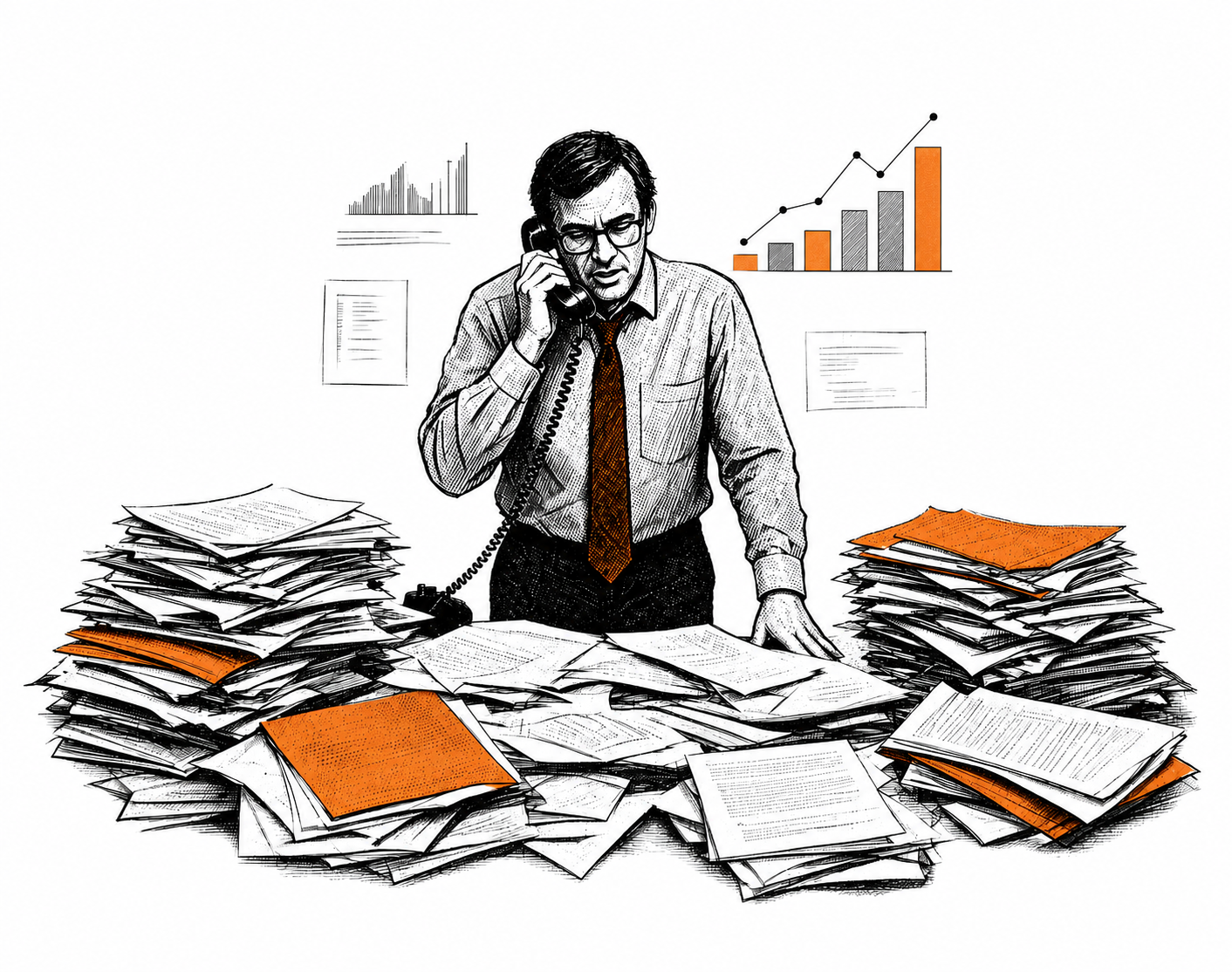 Ink illustration of a business owner on the phone at a desk covered in paperwork, with orange folders and a chart behind him.